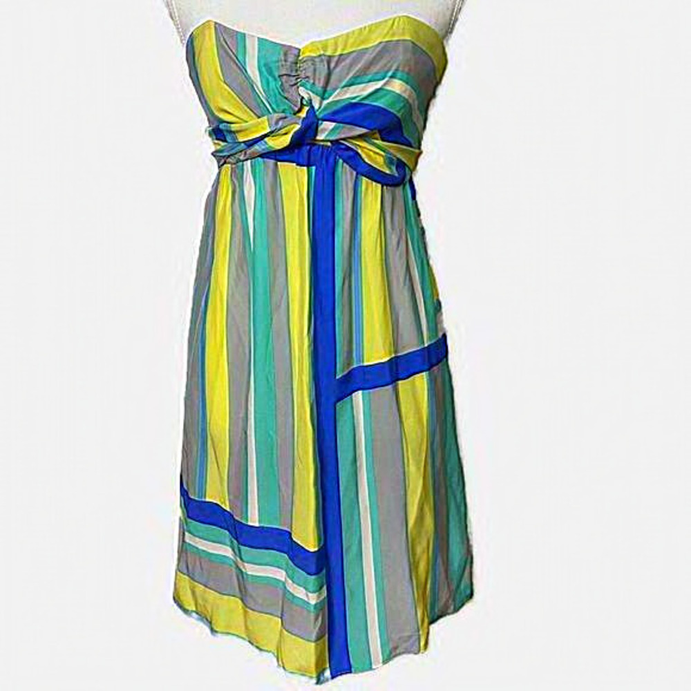Alice‎ & Trixie Gray, Green, & Blue Striped Mini 100 % Silk Strapless Dress